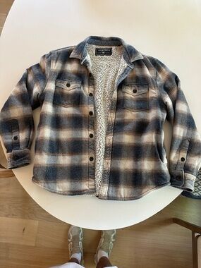 True Grit Plaid Sherpa-Lined Jean Jacket - Blue, Cream & Brown